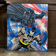 Batman and Darth Vader with lightsabers artwork - Duel of Vengeance - Chicago artist Trip One