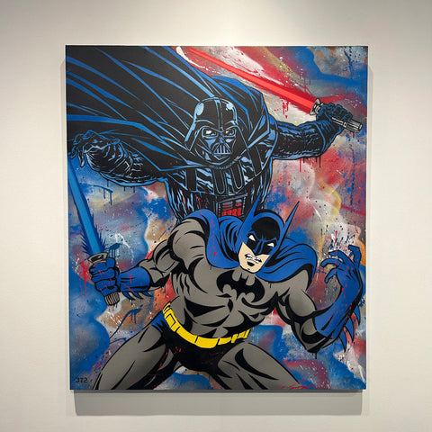 Batman and Darth Vader with lightsabers artwork - Duel of Vengeance - Chicago artist Trip One
