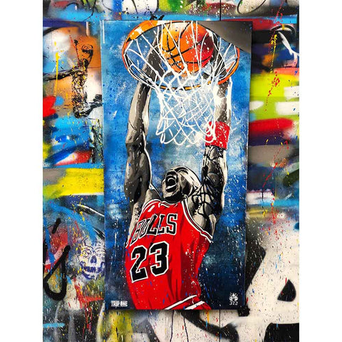 "His Airness" presented by Artist Replete. Hand Painted by Chicago artist Trip One. Representing Jordan's tenacity and relentless pursuit for excellence on the court. 
